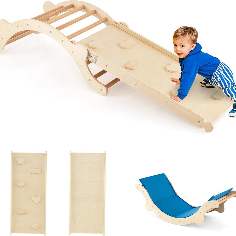 4w1 Drewniana Konstrukcja Wspinaczkowa Montessori z Regulowaną Zjeżdżalnią i Poduszką, dla Dzieci >1 Roku Życia, Nośność 60 kg, Wersja Natural Plus