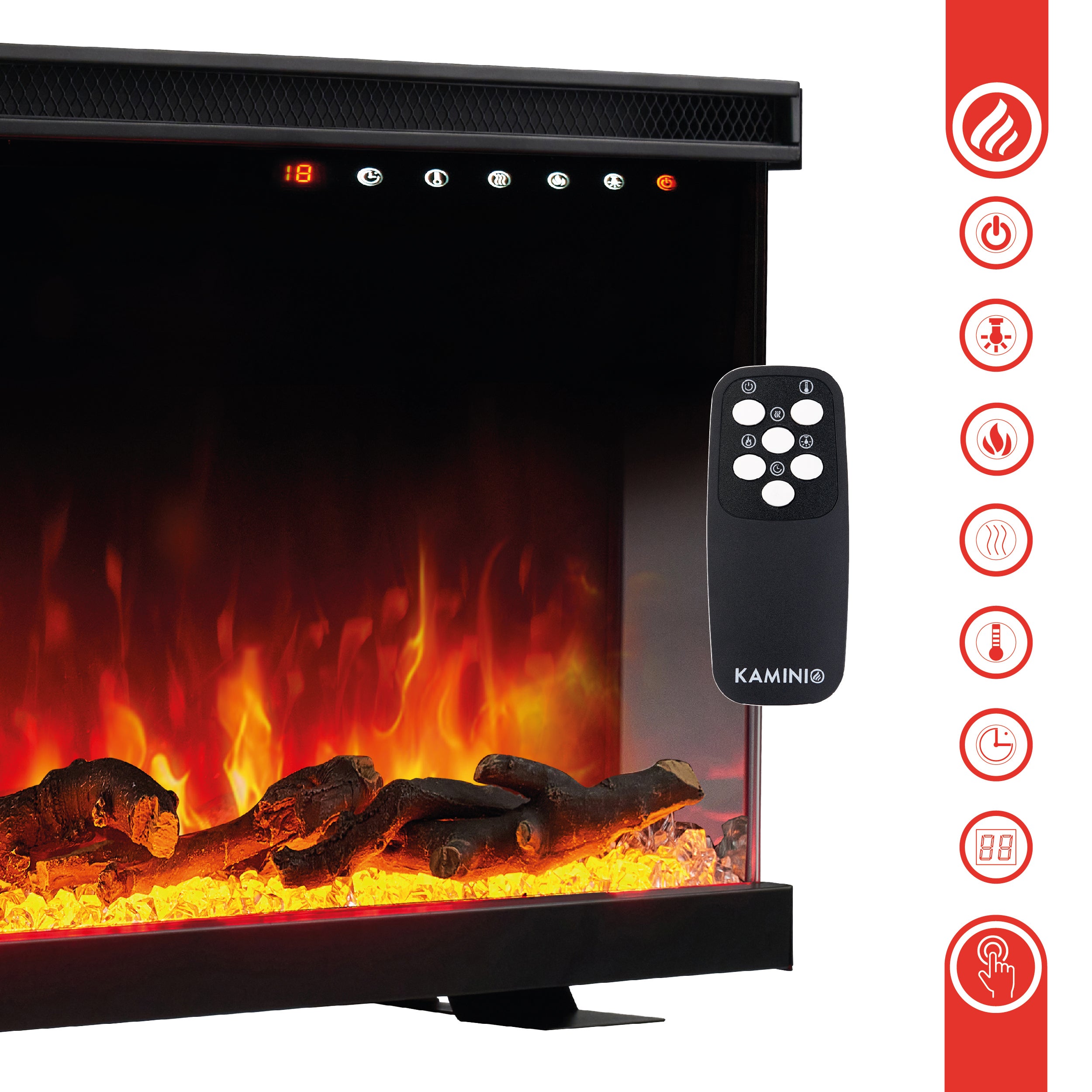 KAMINIO Chimenea eléctrica LEA - Chimenea 3en1 con vista panorámica, calefacción, llama 3D, 12 colores de llamas, mando a distancia - 50 pulgadas - 7