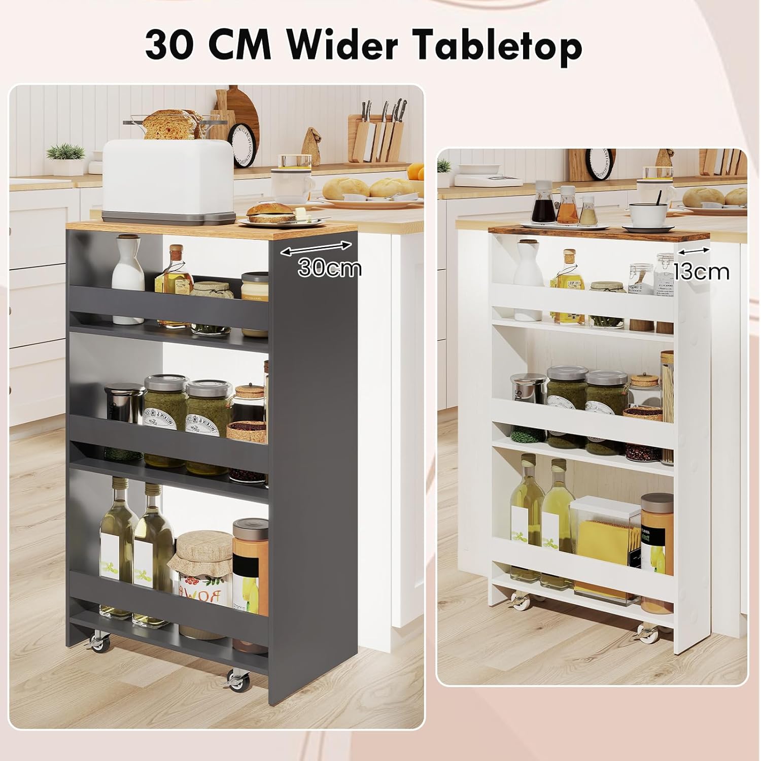 Chariot de Rangement Largeur 30 cm à roulettes, Desserte de Cuisine à 4 Niveaux, Poignée Latérale et Roues Universelles avec Freins (Gris + Naturel) - 5