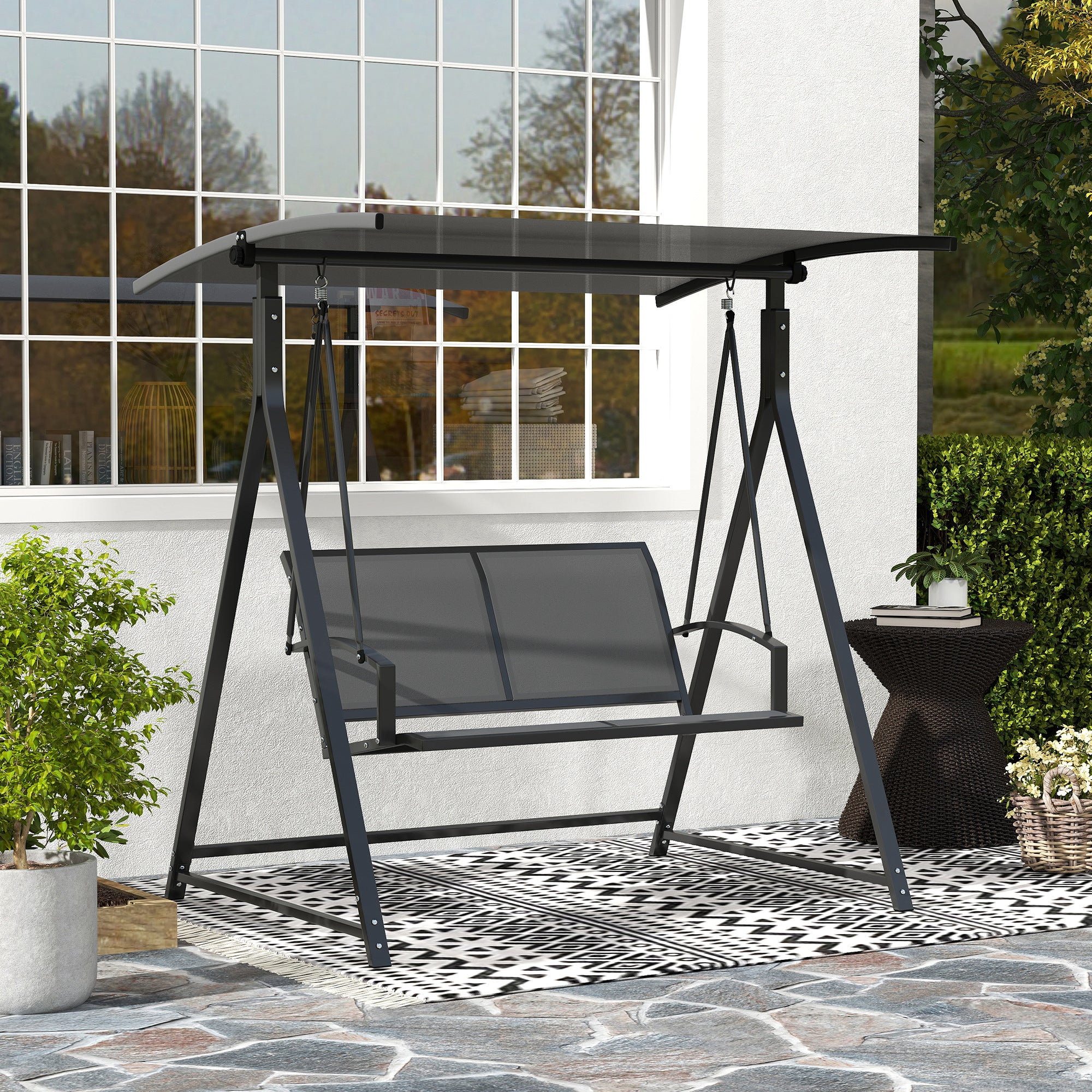 Balancín Jardín Exterior Outsunny Metal, Poliéster Gris Oscuro
