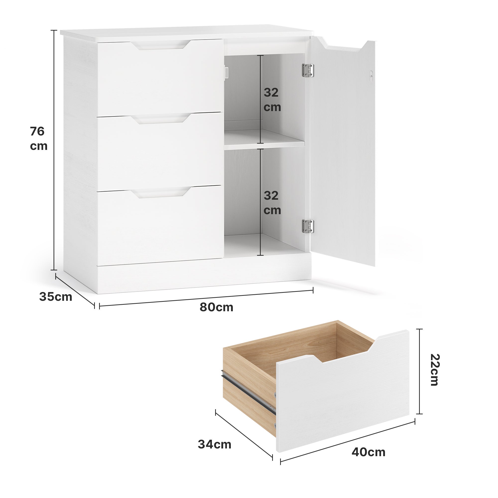 Buffet 1 Anta 3 Cassetti Bianco, Mobile Contenitore con Ripiani Regolabili 80x35x76cm - 3