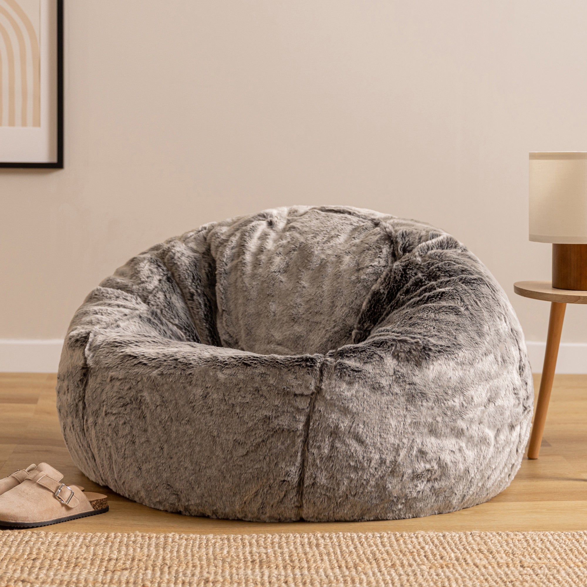 Pouf Icon fausse fourrure gris loup, salon, chambre, 85x85cm, Made in Allemagne, Oeko-Tex® - 4