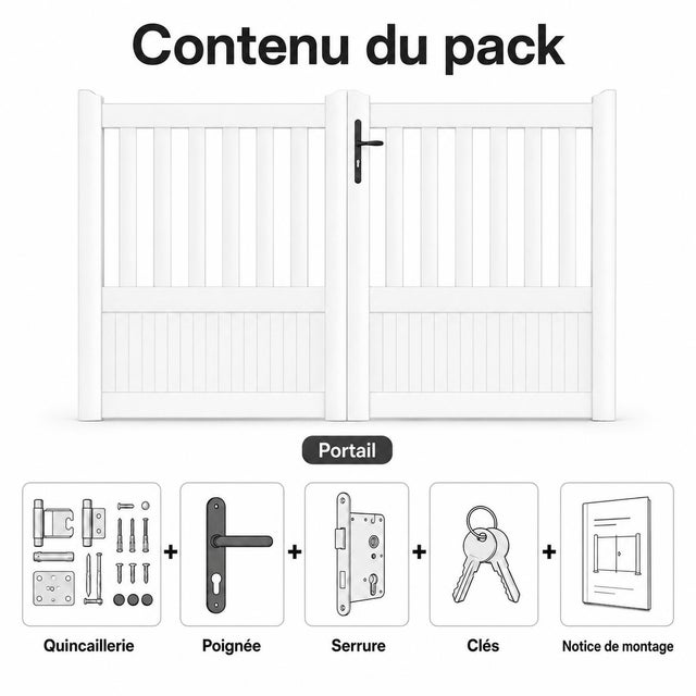 Portail battant manuel PVC blanc structure renforcée H 125 x L 300 cm semi-ajouré ETRETAT