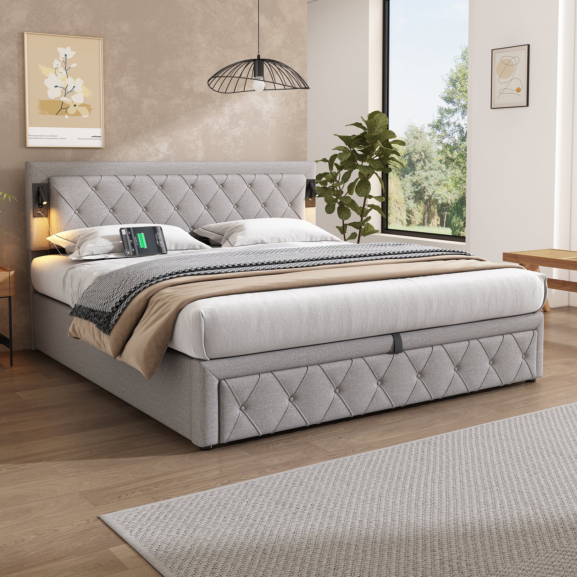Cama contenedor de tela de lino 180x200 cm - con luz de lectura y toma USB - con somier - Gris - 6