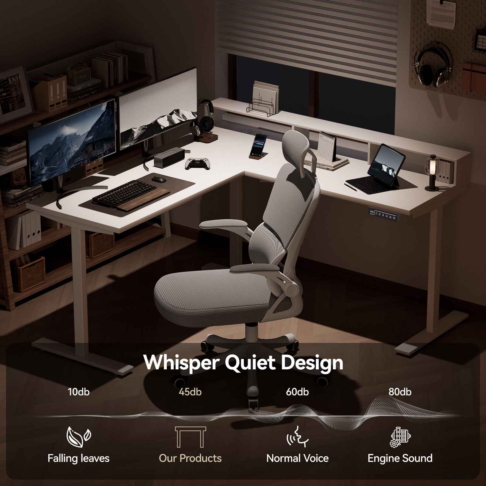 Bureau debout en L avec prises, bureau d’angle électrique réglable en hauteur avec support écran, bureau ergonomique maison pour travail et gaming - 2