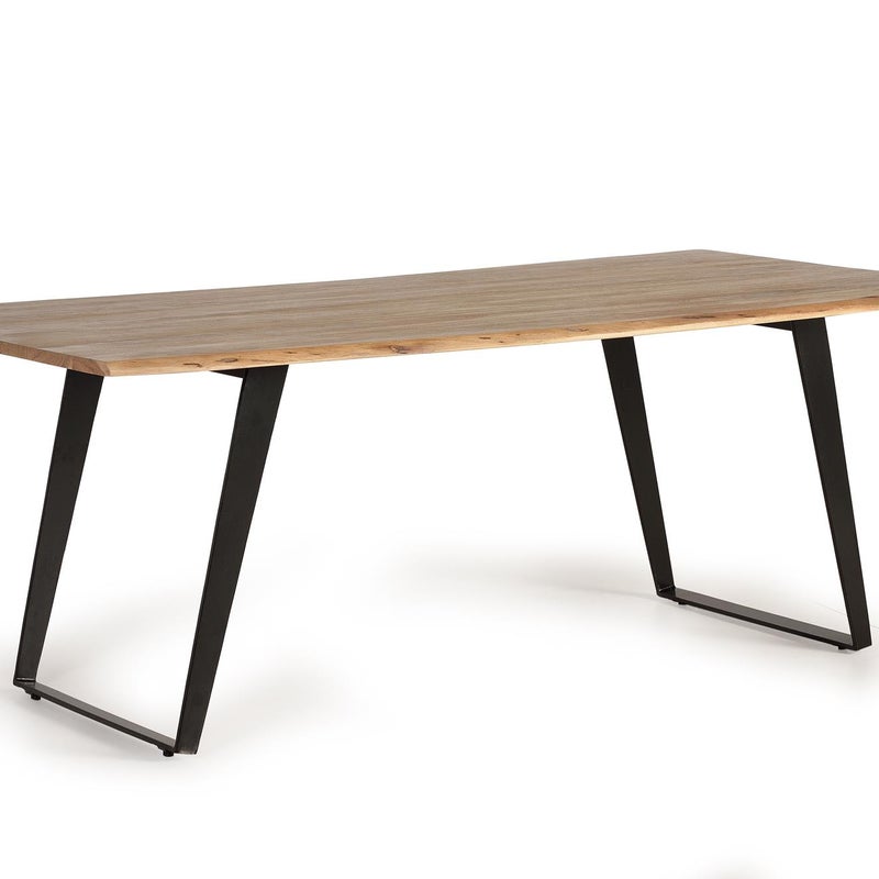 Stół żłobkowy z naturalnego drewna akacjowego i czarnymi metalowymi nogami