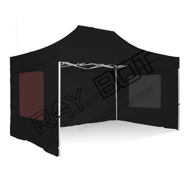 Gazebo Pieghevole 3x4,5 RAY BOT Nero 55mm Top Professionale Con Laterali e Finestre . Tessuto Impermeabile Da 500g/m in PVC. Gazebo Rapido