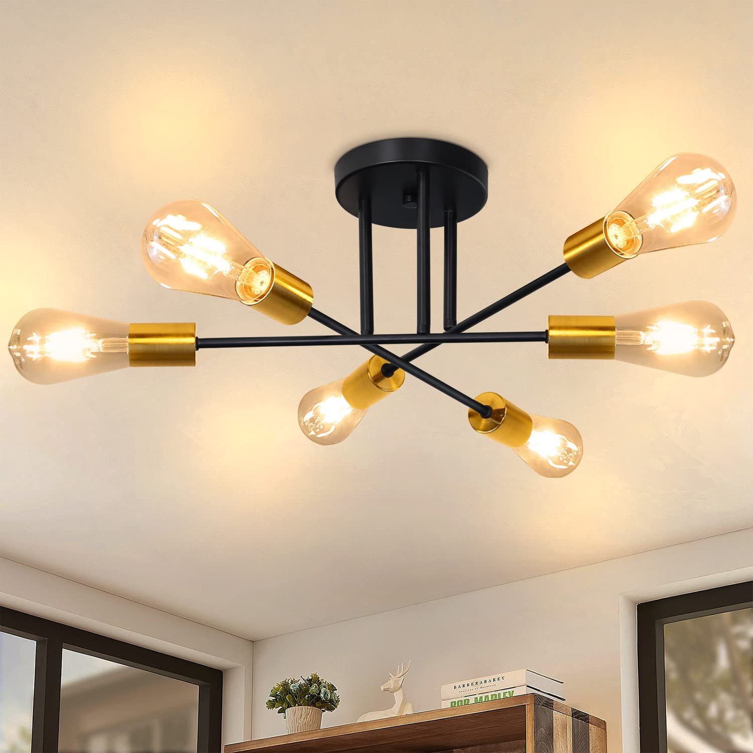NETTLIFE Lampa sufitowa 6 płomieni złota E27, industrialna, metalowa, vintage, lampa sufitowa