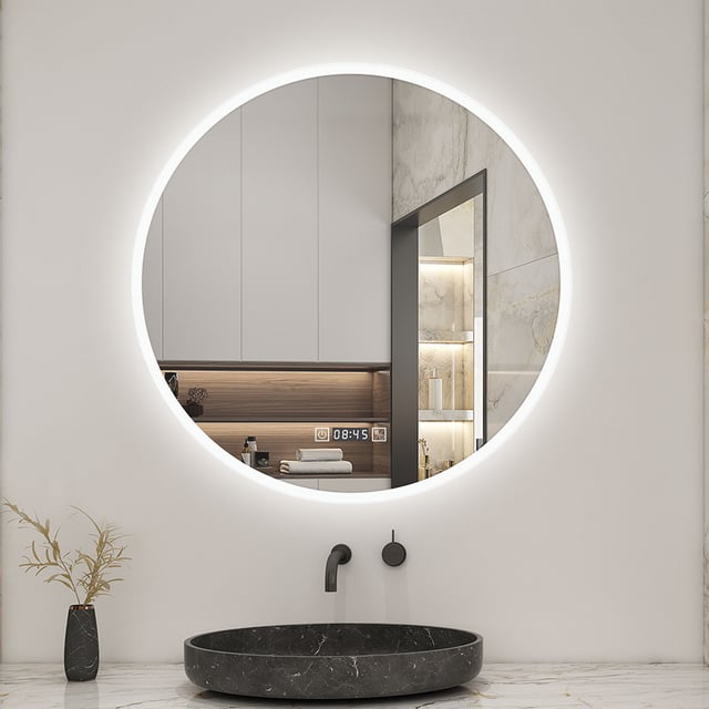AICA Miroir lumineux rond 80cm,3 couleurs + dimmable + horloge + anti-buée + mémoire, miroir salle de bain