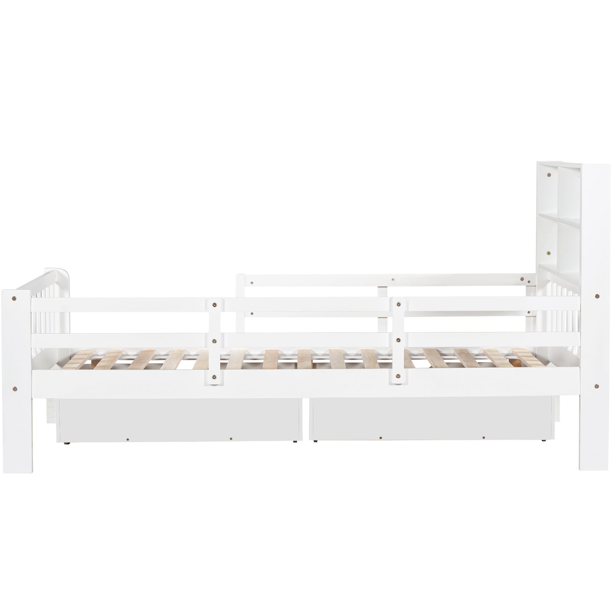 Łóżko dziecięce 90 x 200 cm z zagłówkiem i barierkami - 2 szuflady i półki - Drewno lite + MDF - Kolor biały (materac nie jest wliczony w cenę) - 9