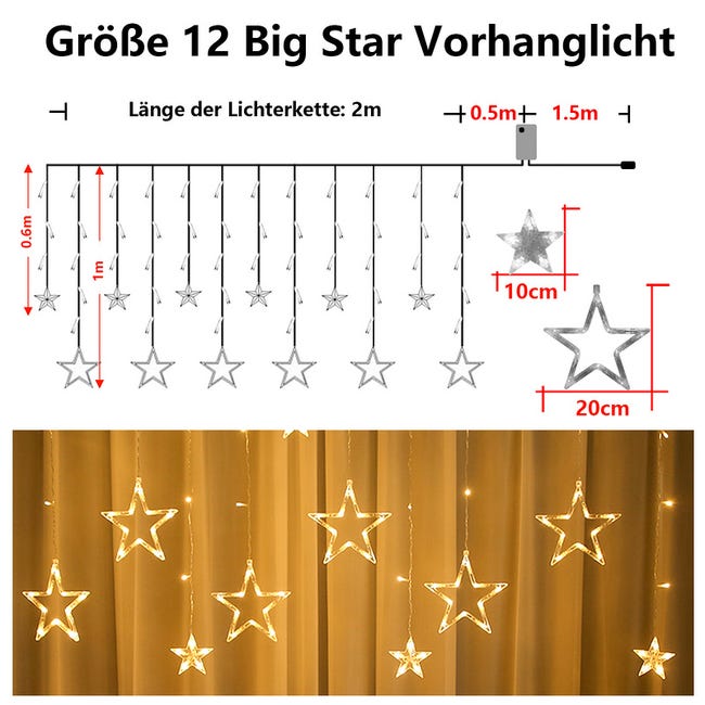 Catena Luminosa, 12 Stelle, 138 luci, Tenda luci Stelle USB con Telecomando, Impermeabile, 8 modalità, per Interni ed Esterni, Luci Natale Decorazione per Patio, Giardino, Feste, Natale Catena Luminosa, 12 Stelle, 138 luci, Tenda luci Stelle USB con Telecomando, Impermeabile, 8 modalità, per Interni ed Esterni, Luci Natale Decorazione per Patio, Giardino, Feste, Natale