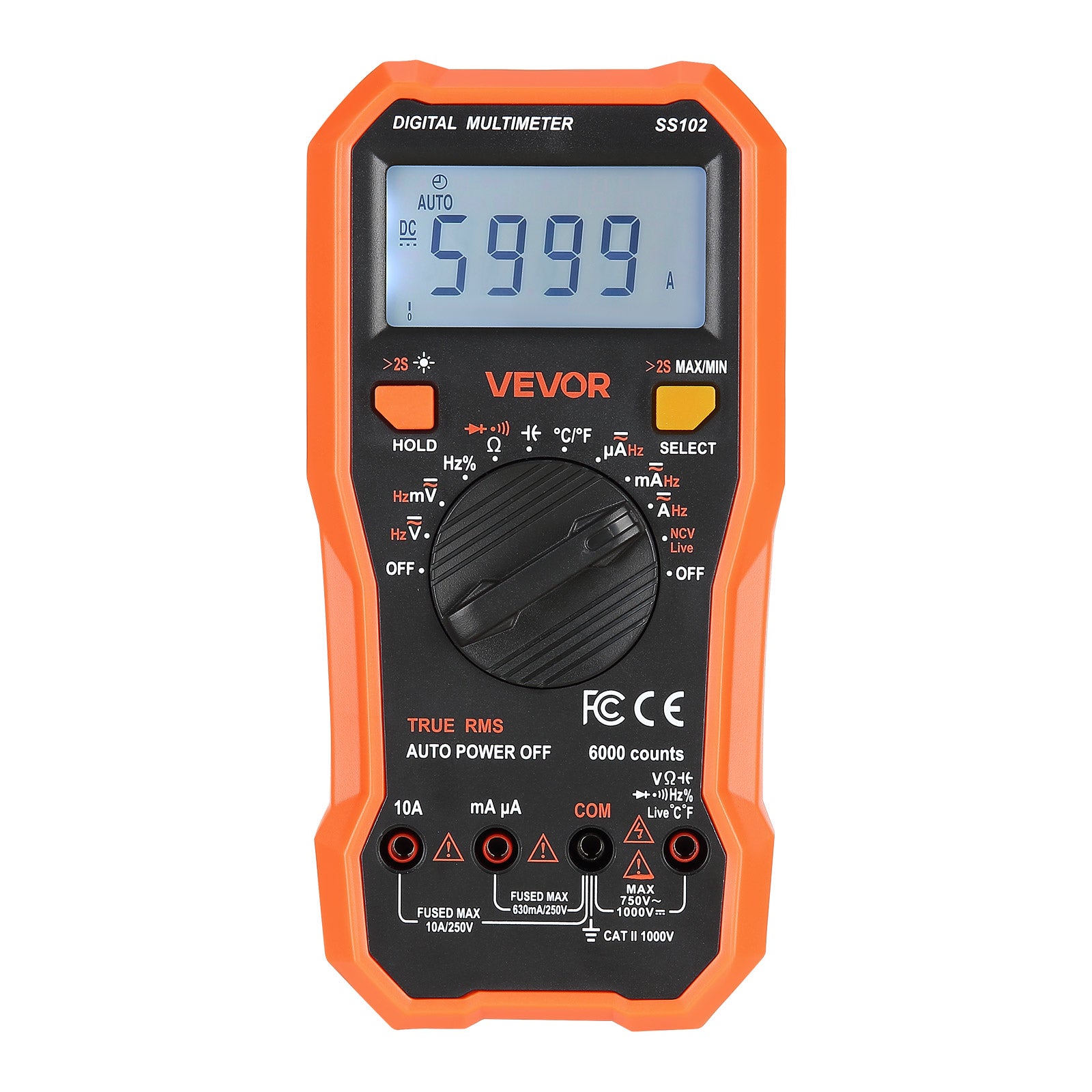 Multimètre Numérique VEVOR, 6000 Points, Multimètre Professionnel NCV TRMS Voltmètre Test de Tension CA CC, Courant, Diodes, Continuité, Cycle Service - 9
