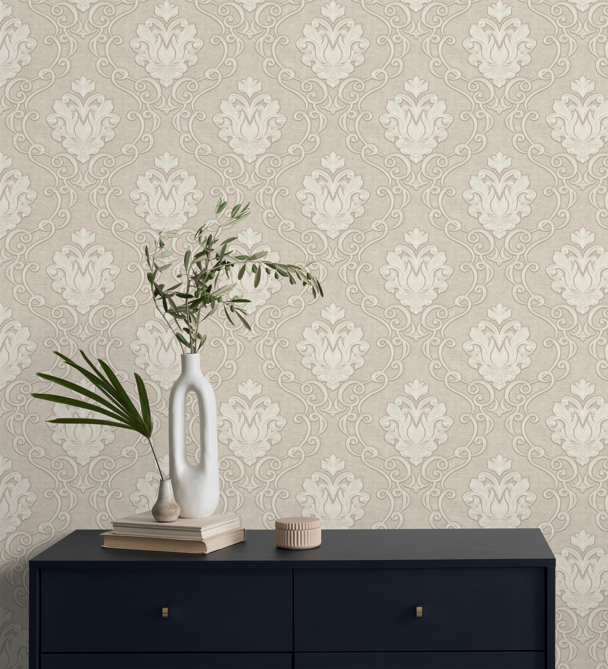 Papel pintado vinílico lavable de damascos victorianos en relieve con estilo neobarroco - adamo 682403 de gaulan - rollo de 10 m x 0,52 m