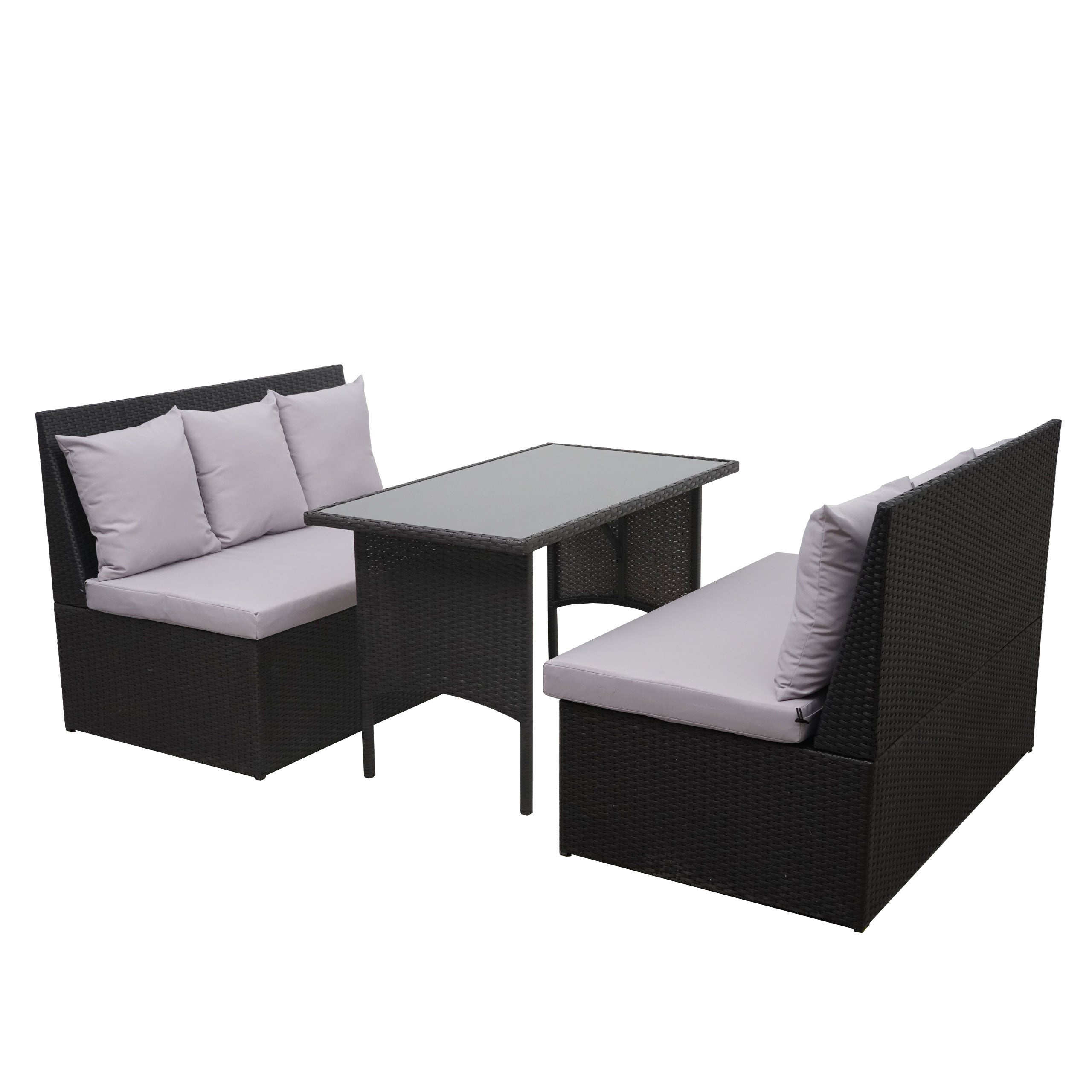 Zestaw z polirattanowym wykończeniem HWC-G16, zestaw ogrodowy/lounge, zestaw wypoczynkowy, gastronomia 2x2 sofa stół ~ czarny, poduszki jasnoszare