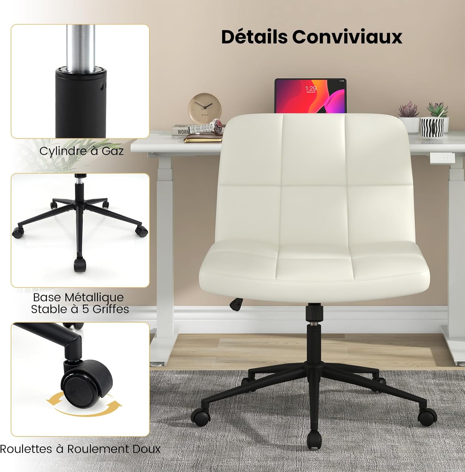 Sedia da Ufficio con Ruote, Sedia Scrivania a Gambe Incrociate Rivestita in PU, Sedia Ufficio con Altezza e Regolabile Regolabile, Sedai senza - 9