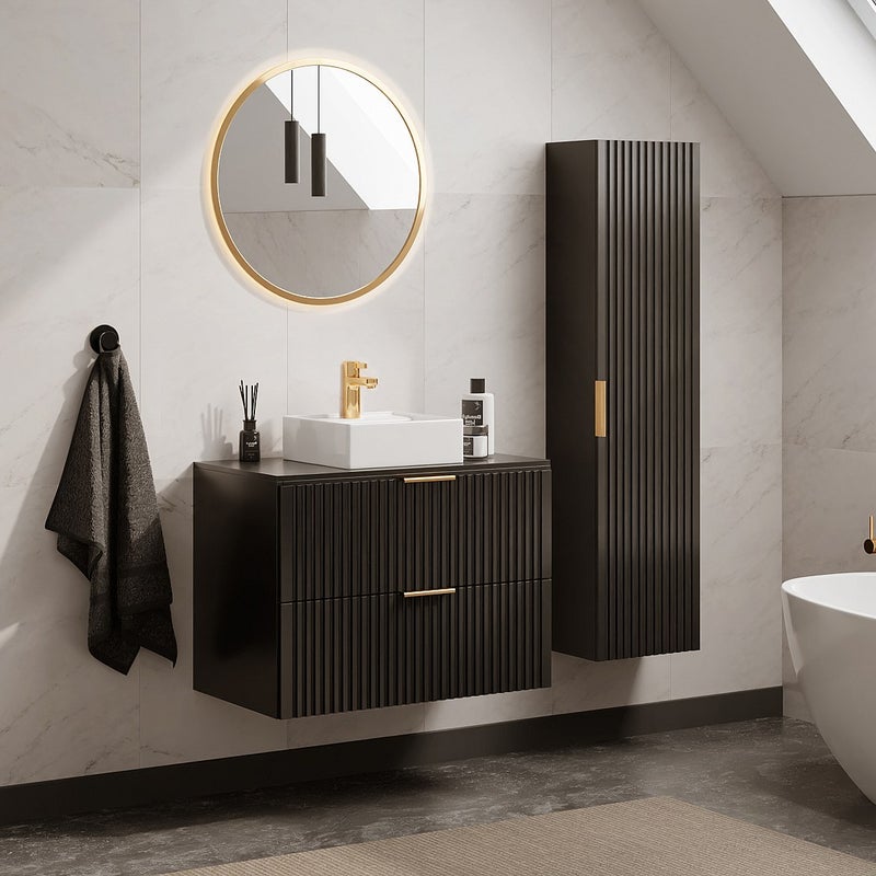 Szafka łazienkowa wisząca ryflowana z umywalką nablatową i słupkiem - Czarny - 80 cm - ZEVARA