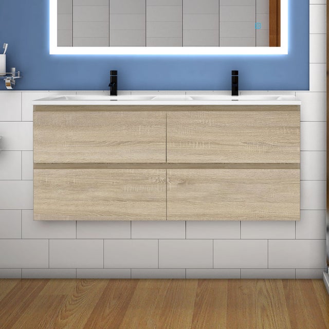 OCEAN 120(L)x46(P)x52(H)cm Meuble salle de bain naturel avec 4 tiroirs à une fermeture amortie avec deux vasques à suspendre