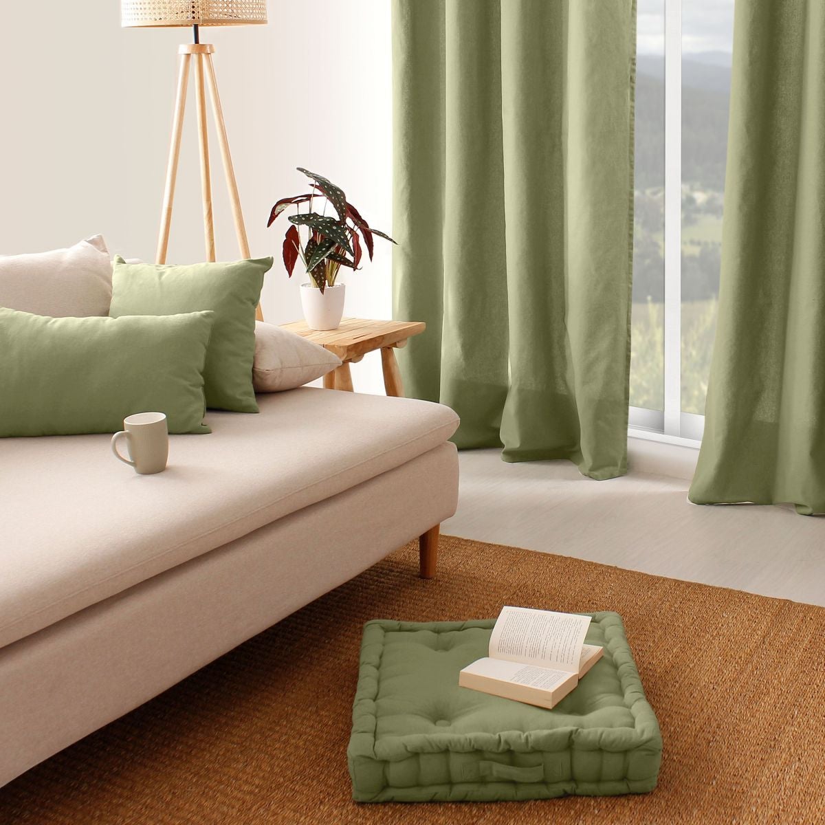 Cuscino da terra liscio in puro cotone - Verde oliva - 50 X 50 - 3