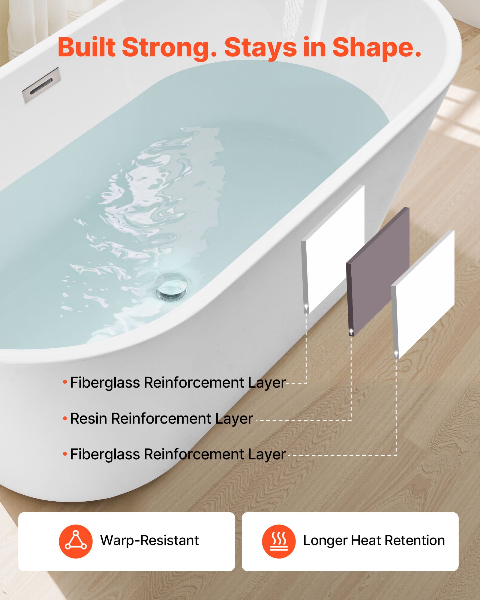 Bañera Autoportante VEVOR de Acrílico 150x75 cm, Bañera Isla Moderna 230 L con Rebosadero y Desagüe Níquel Cepillado, para Baño Relajante, Blanca - 5