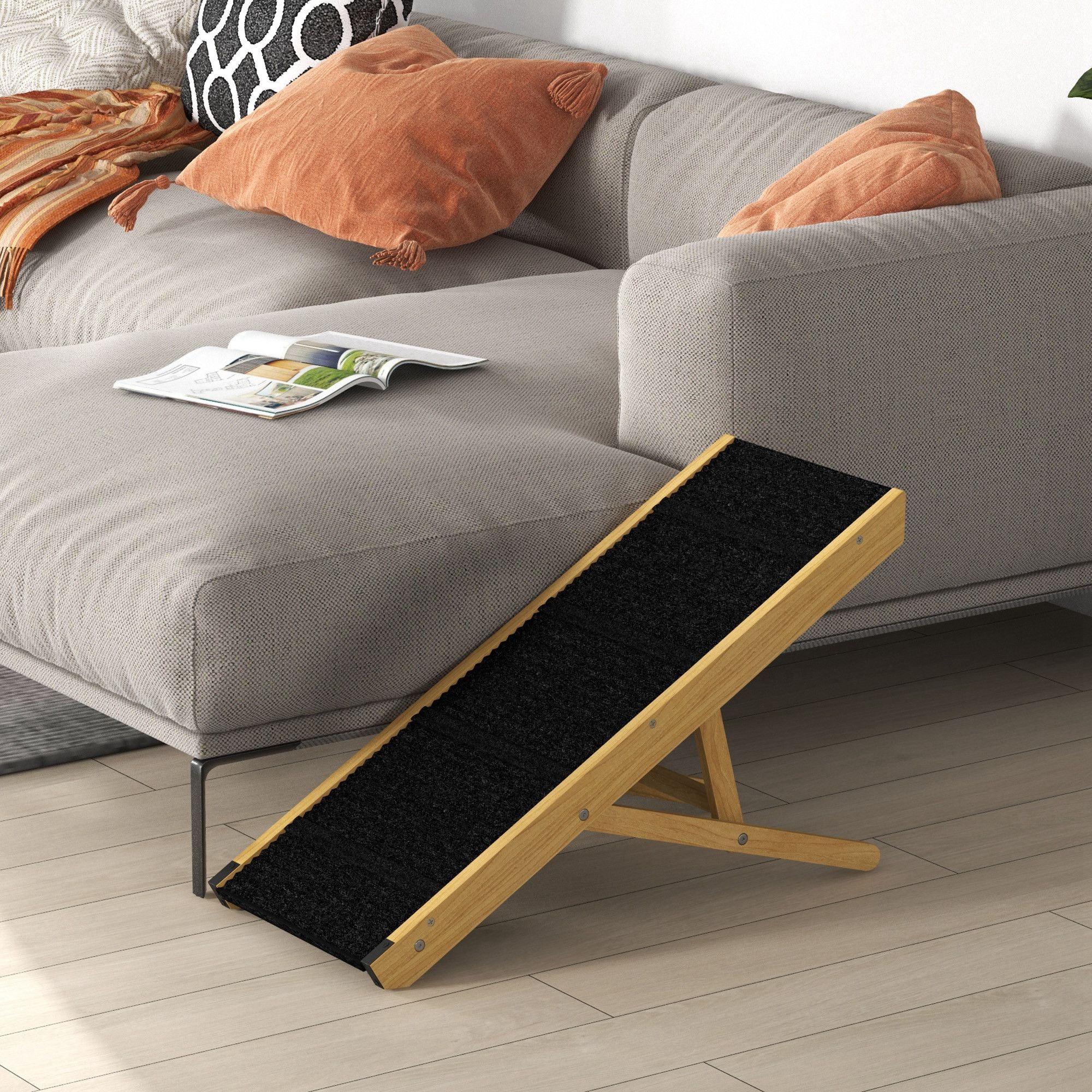 Rampa para Mascotas PawHut Madera de Pino, Poliéster Natural y Negro 83.5x35x47.5 cm - 2