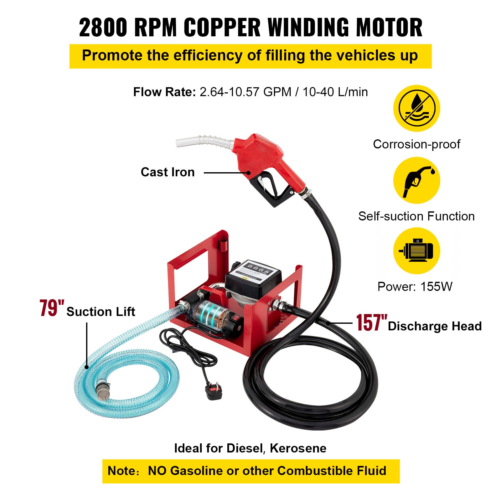 Pompe De Diesel VEVOR 40 L/min Pompe à Fuel Gasoil Huile Pompe Transfert Diesel Électrique 2800tr/min Pompes à Carburant Auto-Aspirant avec Débitmètre - 5