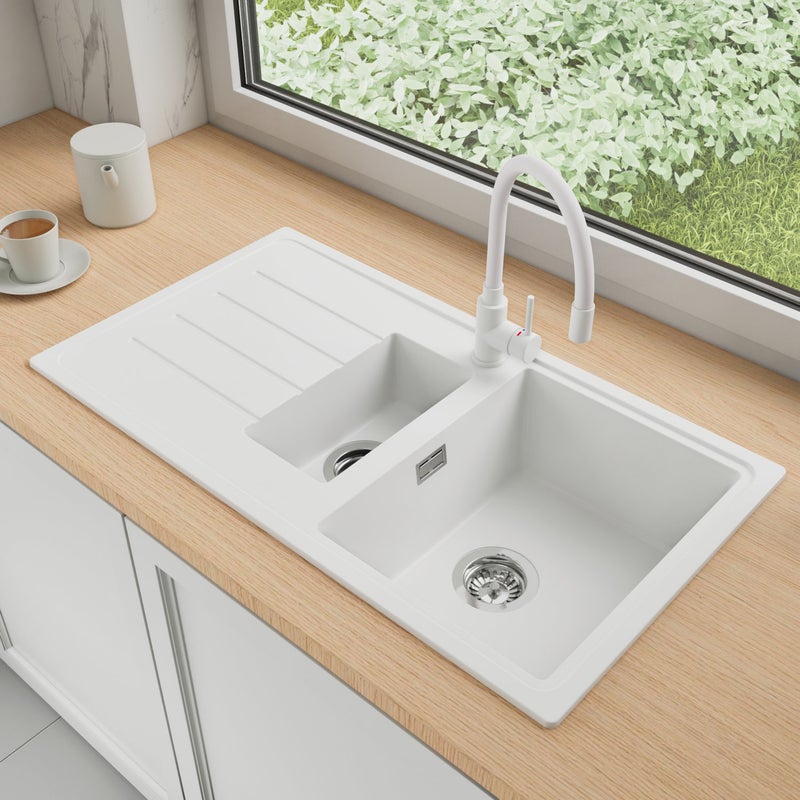 Zlewozmywak Granitowy 90x50cm, do szafki od 60cm + Bateria + Syfon - Ametyst Biały STONESTYLE