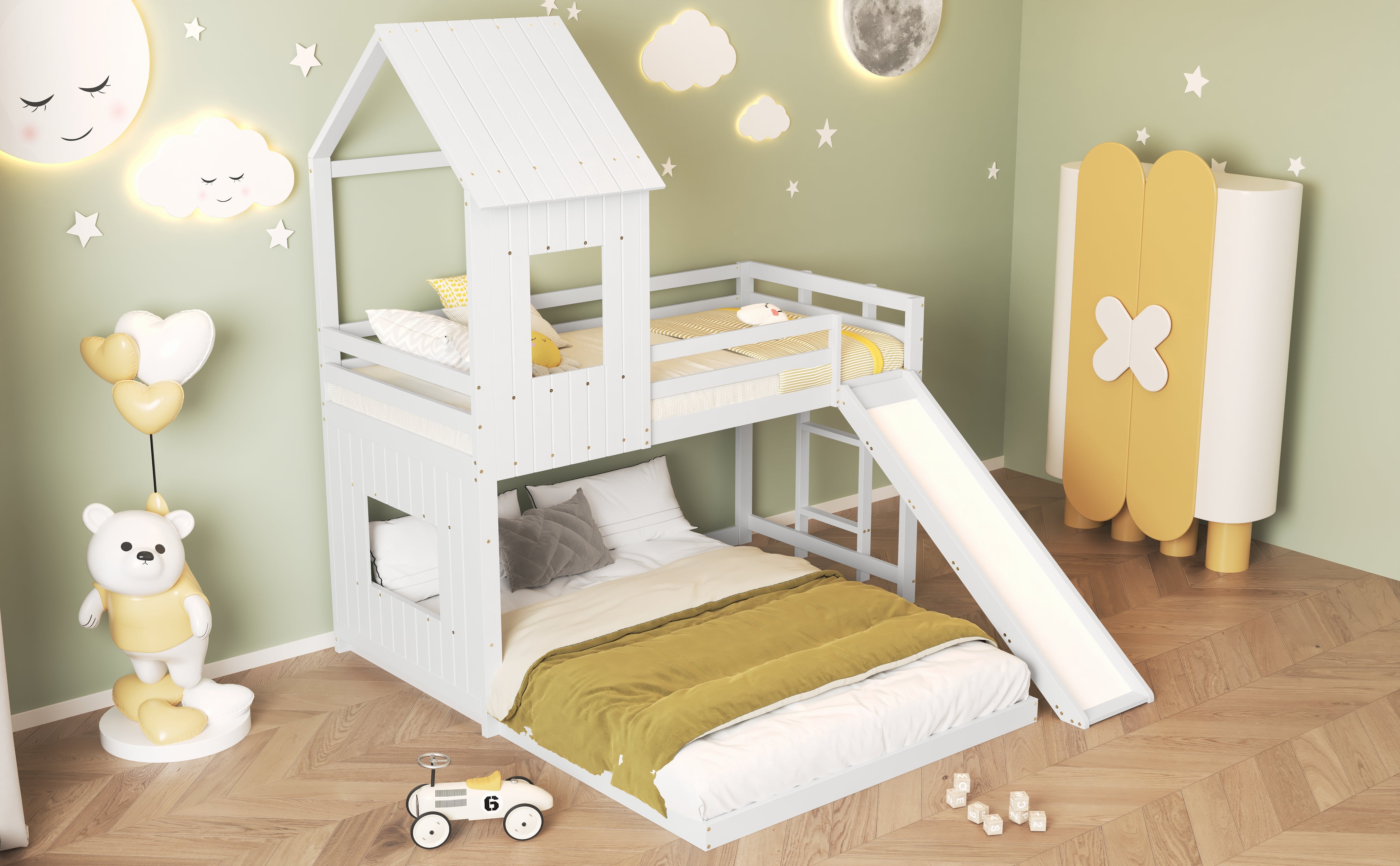 Lit superposé 140(90)x200 cm,3 places, lit maison avec Fenêtre, lit enfant avec toit et toboggan, 2 sommiers à lattes, pin + MDF, blanc - 6