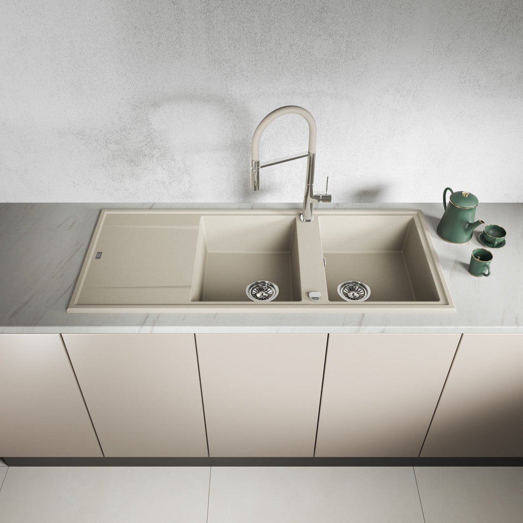 Evier de cuisine en granit beige - MEGALO - 50 x 116 cm, 2 bacs avec égouttoir - 4