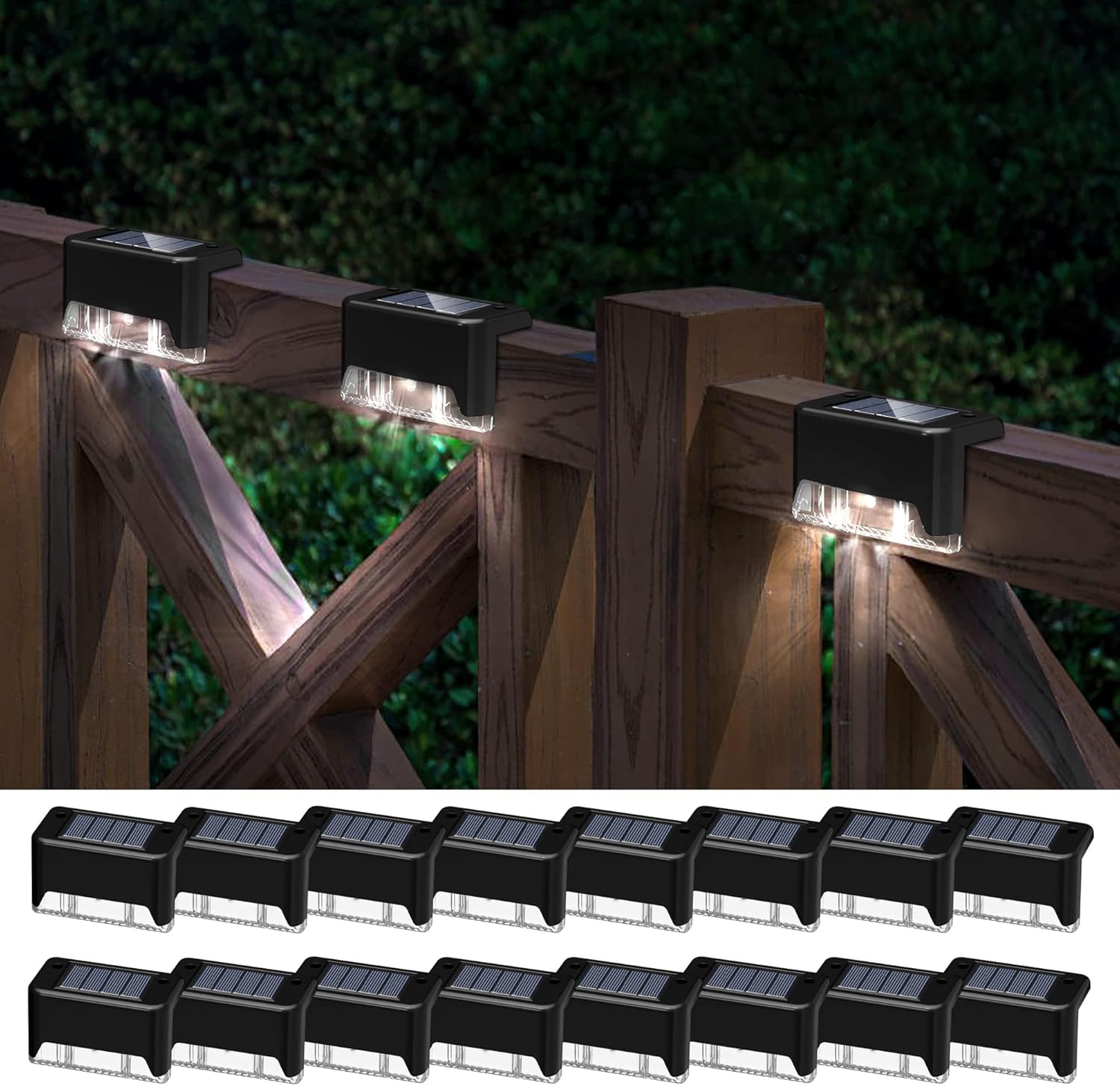 Lampy solarne zewnętrzne, czarne, białe, 16 szt., 7,8 x 2,8 x 4,7 cm, akrylowe, wodoodporne, odpowiednie do schodów, stopni i ogrodzeń