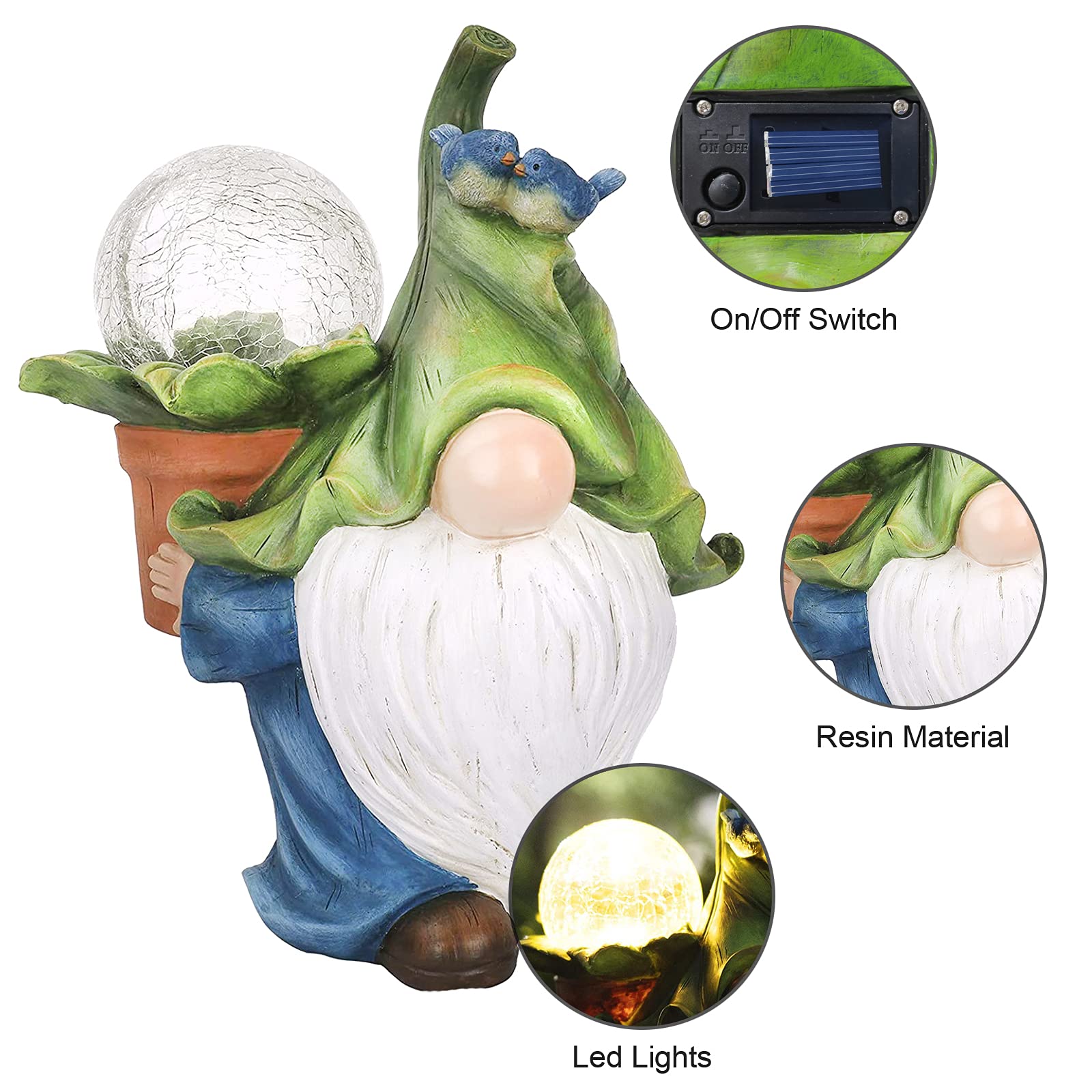 Statuetka krasnala ogrodowego z oświetleniem solarnym LED - wodoodporna artystyczna dekoracja zewnętrzna na patio, balkon, trawnik - 15x25cm