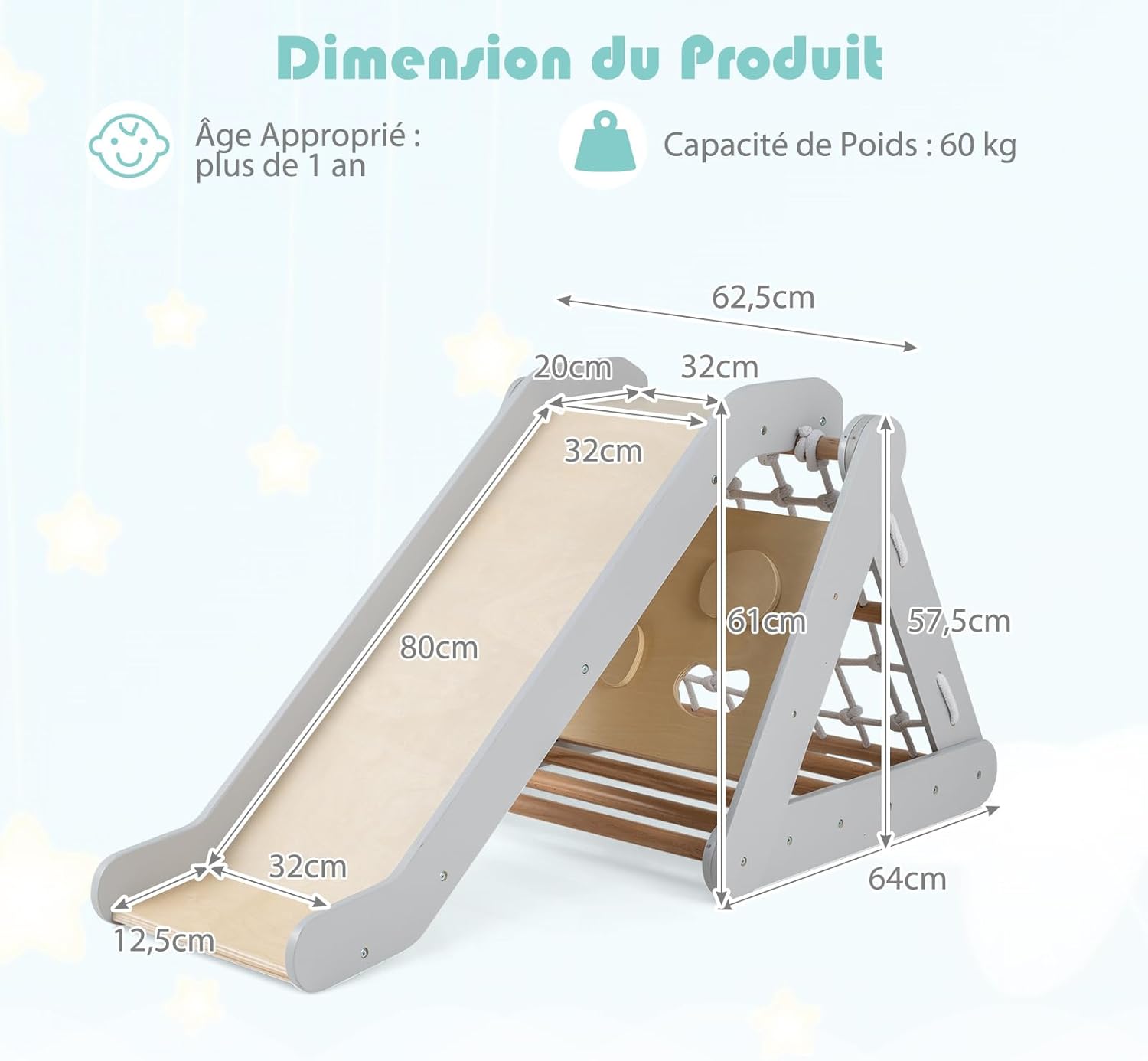 Triangle d’Escalade Montessori Enfants avec Filet à Grimper, Planche et Échelle,Pierres avec Toboggan,Aire de Jeux Intérieur pour Bébé 1 an+(Gris) - 7