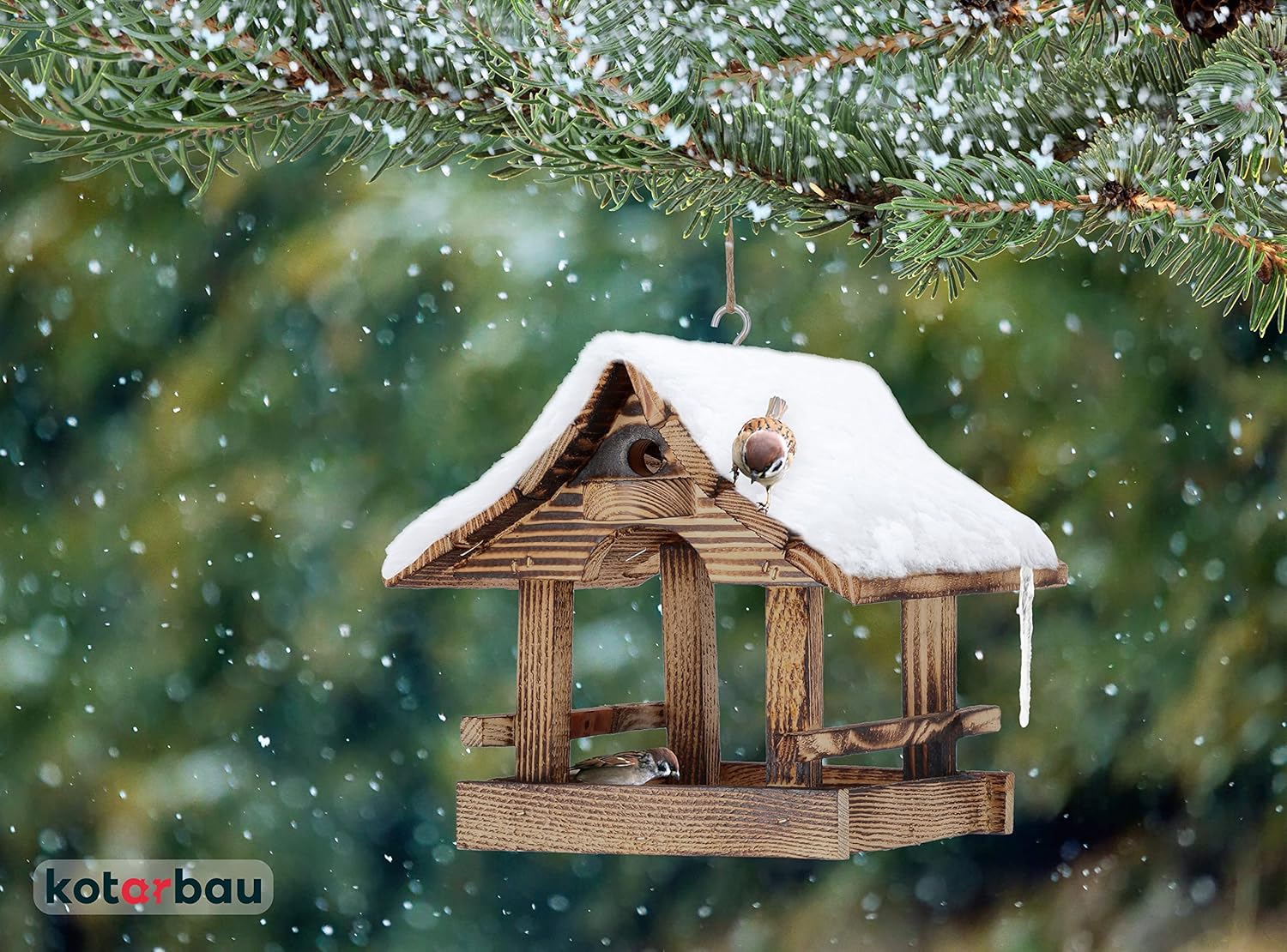 Mangeoire à Oiseaux Bois Suspendue, Résistante aux Intempéries, 22,5x26 cm - Durable et Pratique, Marron Flammée - KOTARBAU - 3