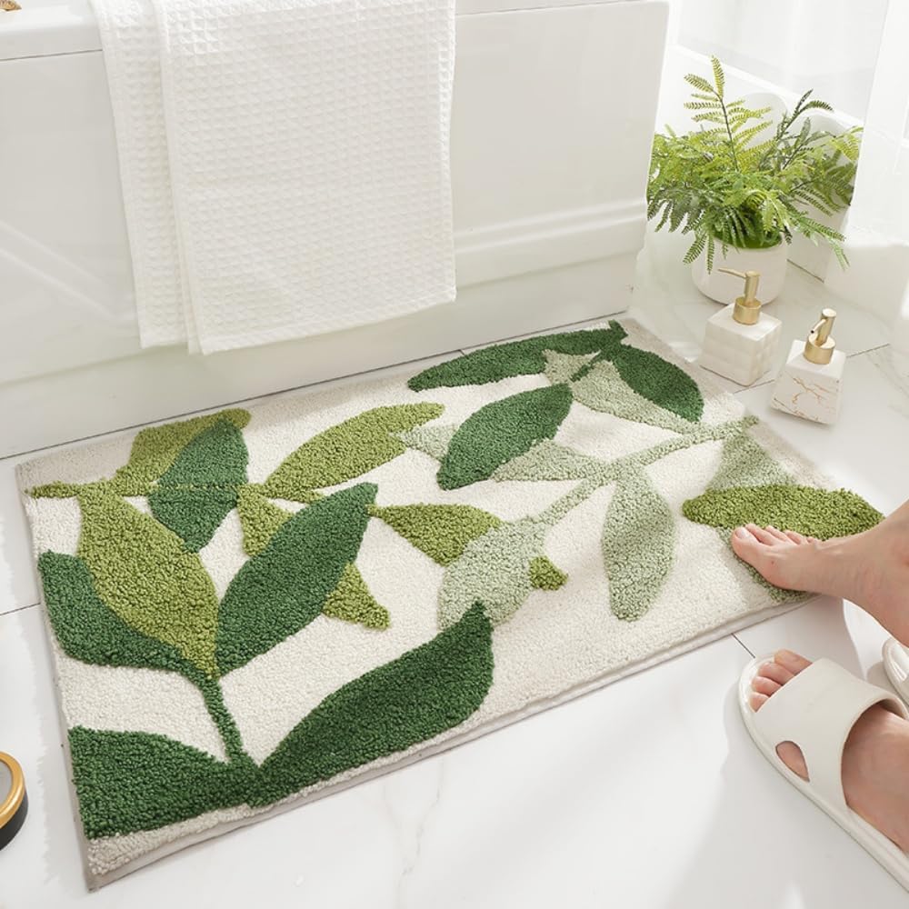 Mata łazienkowa Green Leaf Super Soft Fiber, chłonna, antypoślizgowa, nadająca się do prania w pralce, z botanicznym wzorem do wanny, umywalki i sypia