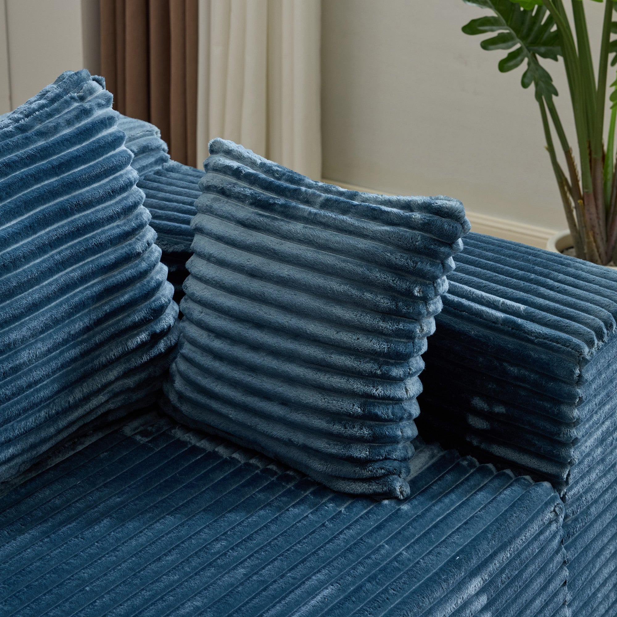 Ensemble de canapés modulaires en velours côtelé, ensemble de canapés en L sur pied, prêt à assembler, adapté aux salons, bleu - 9