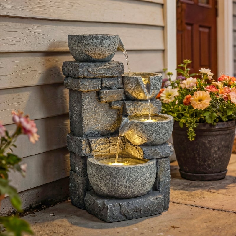 Fontaine de Jardin Cascade 4 Niveaux Effet Pierre et Brique avec LED 28 x 25 x 54,5 cm Gris - 4