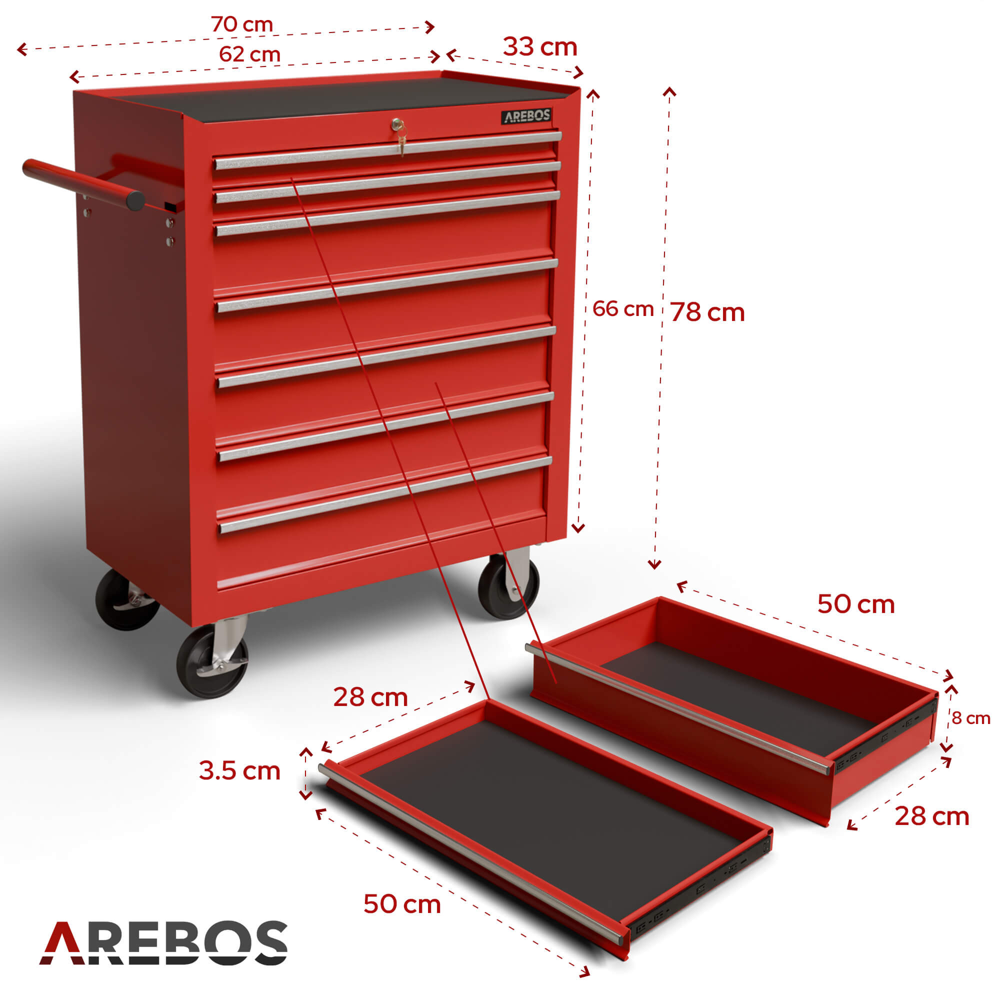 AREBOS Servantes d'atelier 7 Compartiments Fermeture centralisée Tapis antidérapants Inclus tiroirs sur roulements à Billes Roues avec Frein Rouge - 9