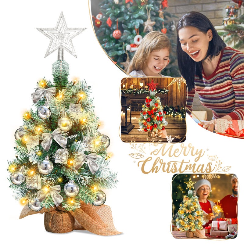 40 cm choinka stołowa, miniaturowe sztuczne choinki ze światłem, czubkiem i ozdobami choinkowymi, ozdoby świąteczne, srebro - 8