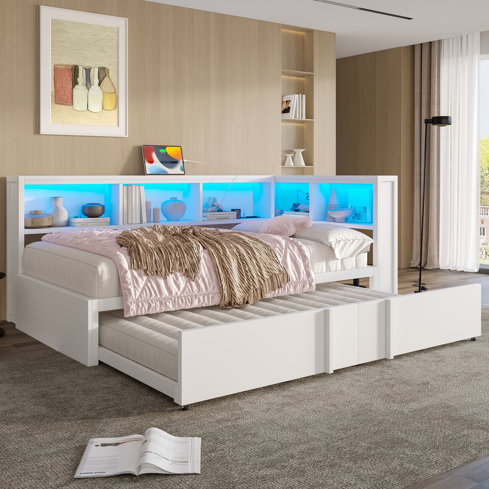 Rozkładana sofa 90x200cm - Z wysuwanym łóżkiem - z schowkiem - z LED i portem USB - Biały (bez materaca) - 3
