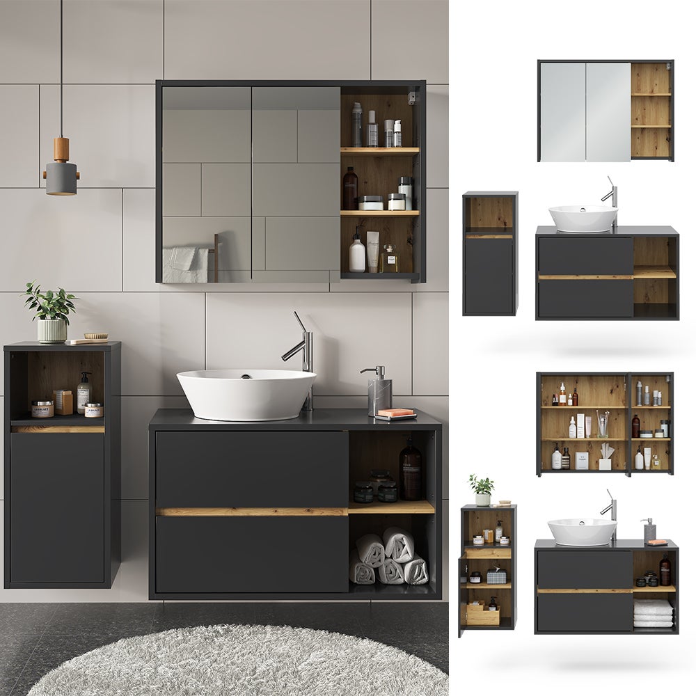 Vicco Ensemble de meubles de salle de bain Viola, Anthracite/ Chêne, 3 parties