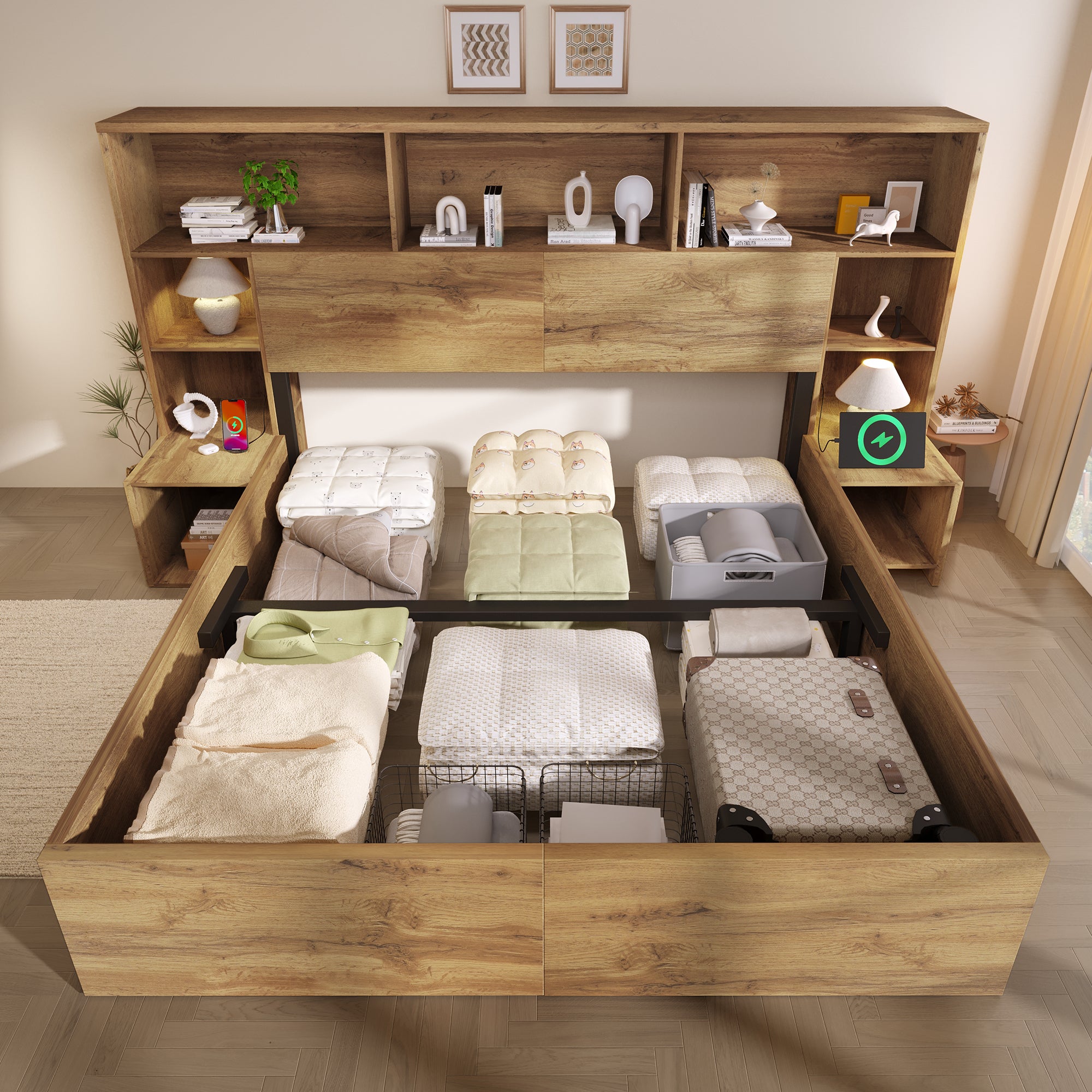 Lit 160x200 cm avec rangement hydraulique,Lit double en bois avec LED et port USB,avec table de chevet,sommier à lattes, Couleur Chêne(Sans matelas) - 9