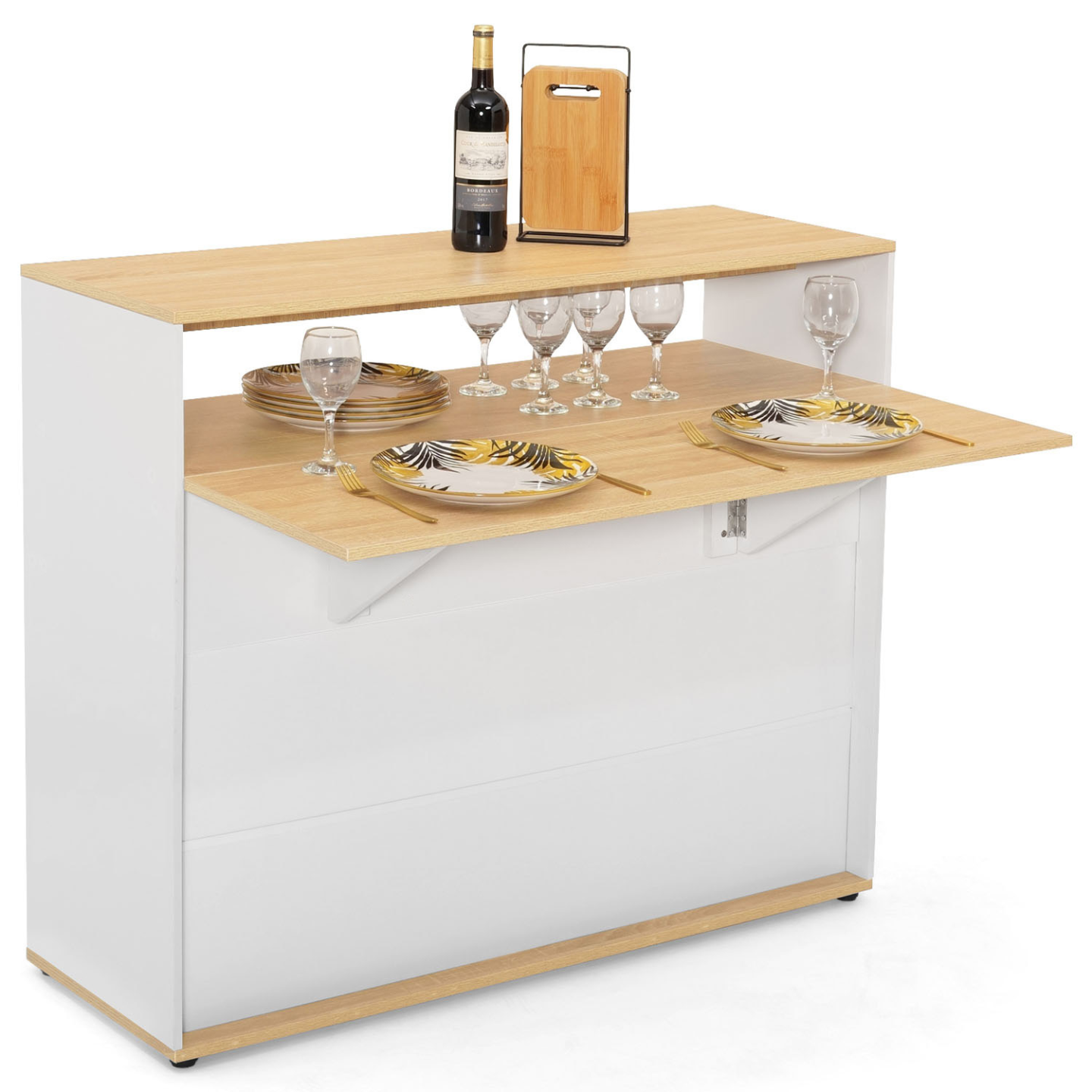 Meuble de bar extensible en table à manger 2 personnes VITO blanc et plateau bois - 2