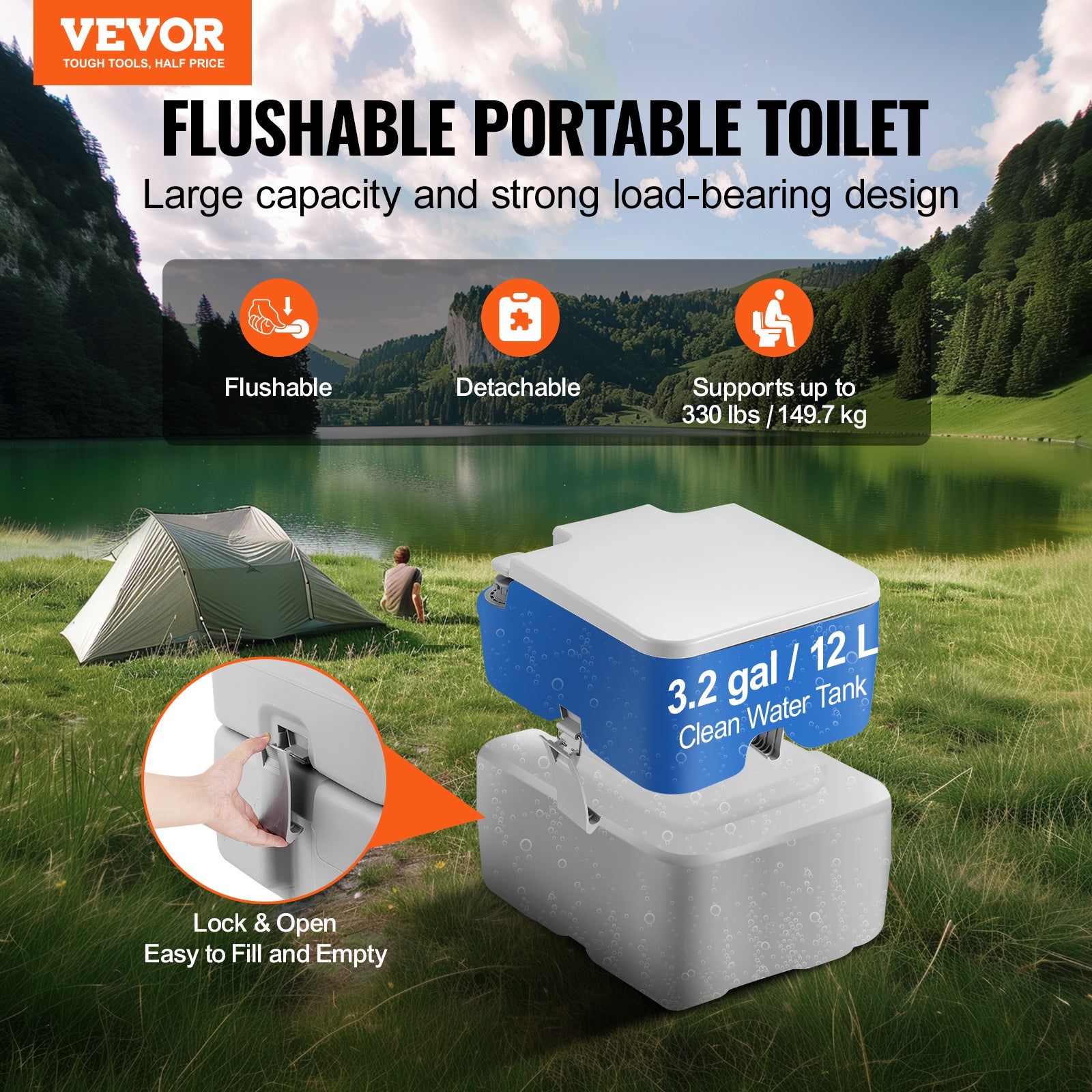 VEVOR Toilette Portable avec Chasse d’Eau, Toilette de Camping avec Réservoir à Matières 20 L et Réservoir d’Eau 12 L, WC de Voyage avec Sac Transport - 2