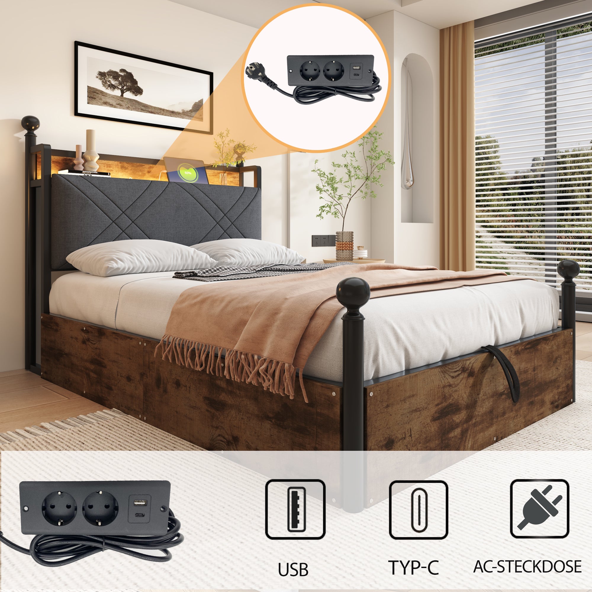 Lit coffre 90x190cm Métal Noir, Rangement Hydraulique, Lit simple&nbsp;capitonné avec LED, Prises USB/Type-C, Cadre de lit en bois (Sans Matelas) - 4