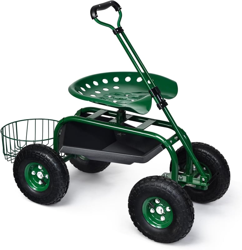 Siedzisko Ogrodowe na Kółkach z 2 Regałami na Narzędzia, Rozkładanym Okrągłym Uchwytem, Regulowaną Wysokością 45,5–54,5 cm i 4 Kółkami, Zielony