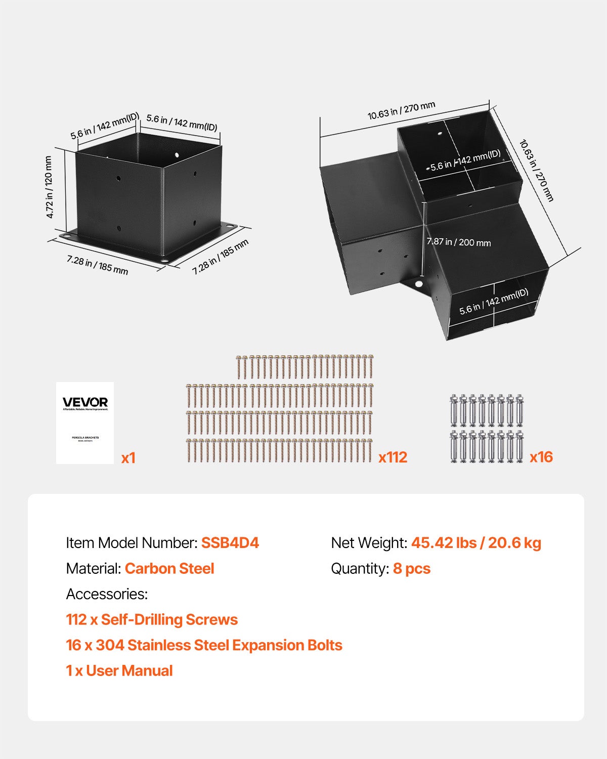Kit Supports Pergola VEVOR 6x6 pouces (int. 5,5x5,5),4 Supports Angulaires 3 Voies,Base DIY Bois pour Pergolas,Gazebos,Cabanes - 7