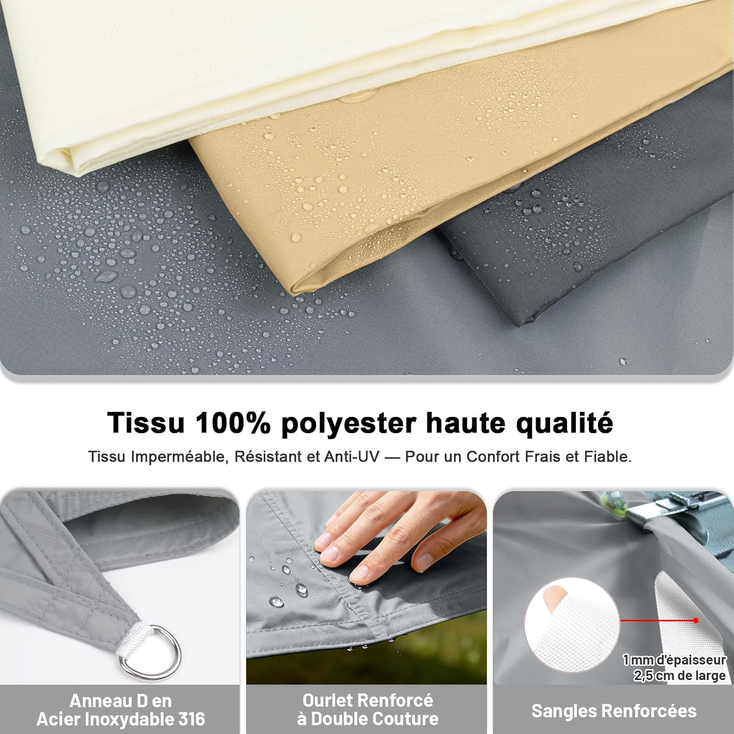 Voile d'ombrage Triangulaire Imperméable 3x3x3m Toile Ombrage PES avec 95% UV Protection pour Patio Extérieur Jardin Terrasse, Gris - 3