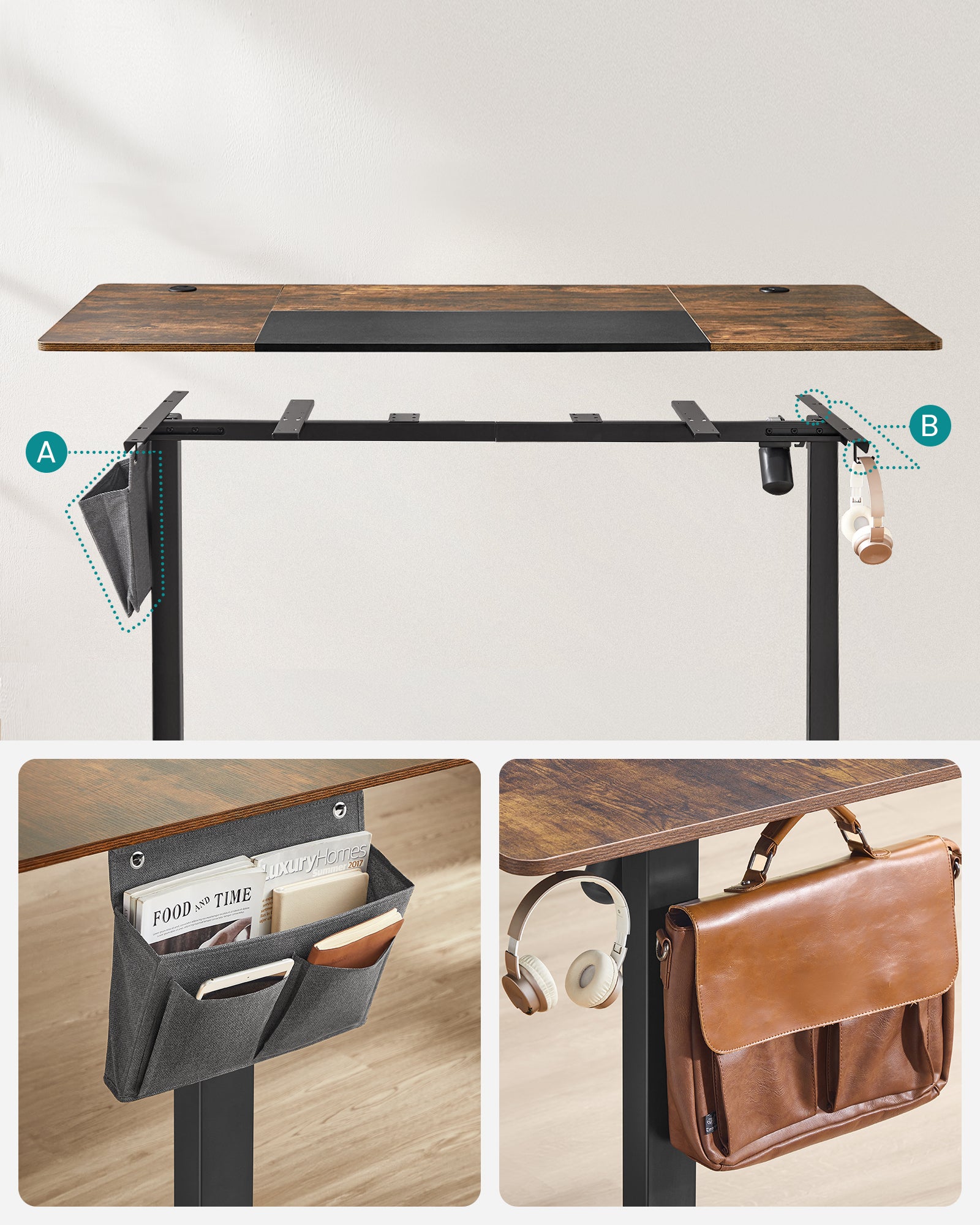 Bureau Assis Debout Électrique, 70 x 160 x (72-120) cm, Réglable en Hauteur, Pochette, Marron Rustique et Noir Pur - 3