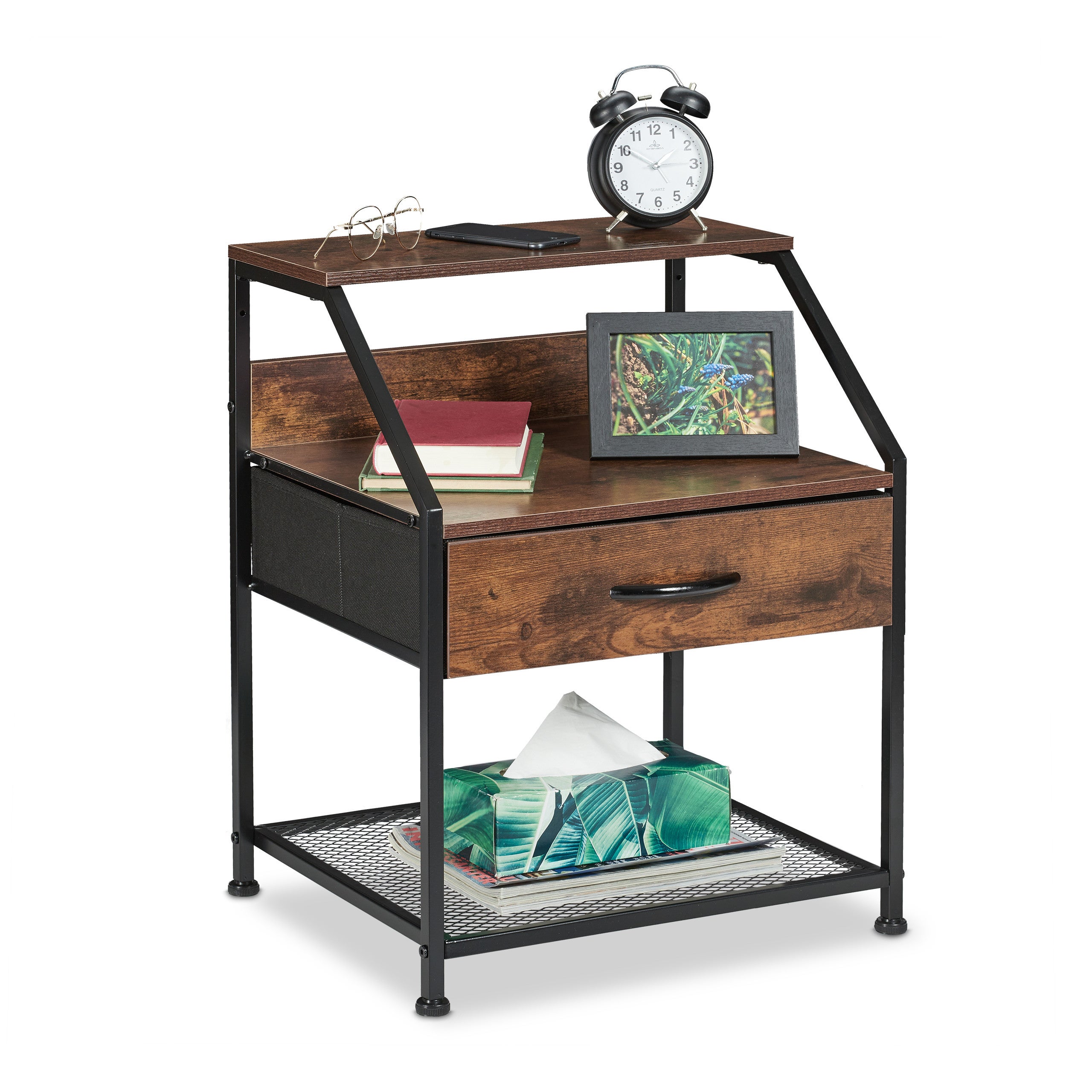 Relaxdays - Table De Chevet Industrielle En Métal Et Panneau Bois - 50x43x37 Cm, Avec Tiroir