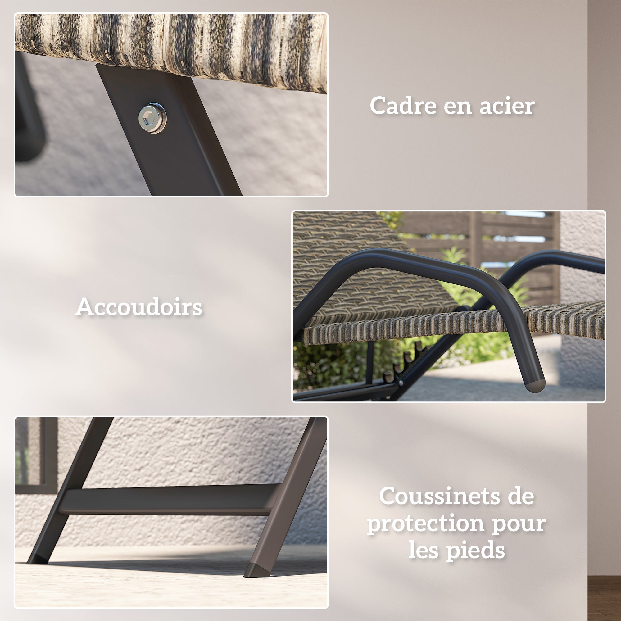 Bain de soleil inclinable et réglable sur 4 positions,en résine tressée en forme de S,156x62x96cm,marron - 9