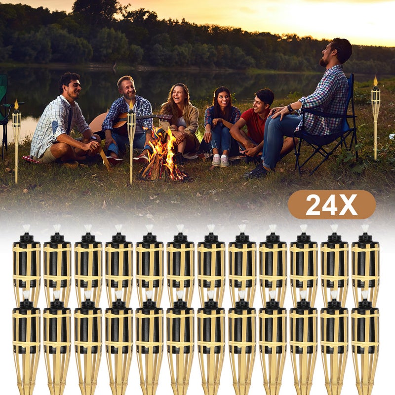 LZQ 12 Antorchas De Jardín De Bambú De 90 Cm | Iluminación Exterior Con Depósito De 213 Ml Y 4-6 Horas De Combustión | Ideal Para Fiestas, Camping Y Boda Romántica